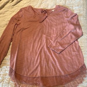 Long sleeve lace on bottom bow tie back top